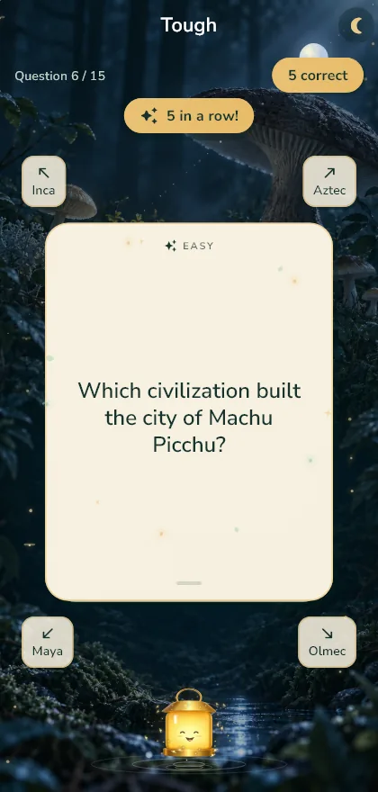 Doom Trivia streak screen showing the lantern mascot reacting to a streak of five.