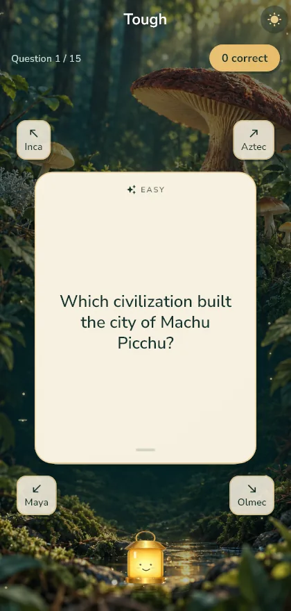 Doom Trivia Tough mode: a question card asking which civilization built Machu Picchu, with four answers in the corners of the screen.